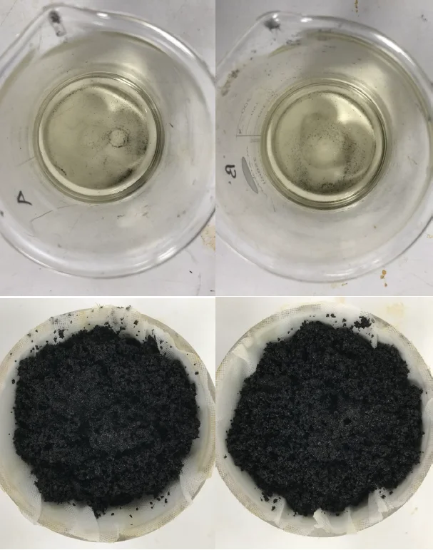 Collected liquid and biochar from samples A and B after testing