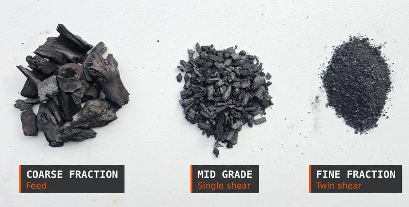 Woodchip biochar grades: coarse fraction (feed), mid grade (single shear) and fine fraction (twin shear)