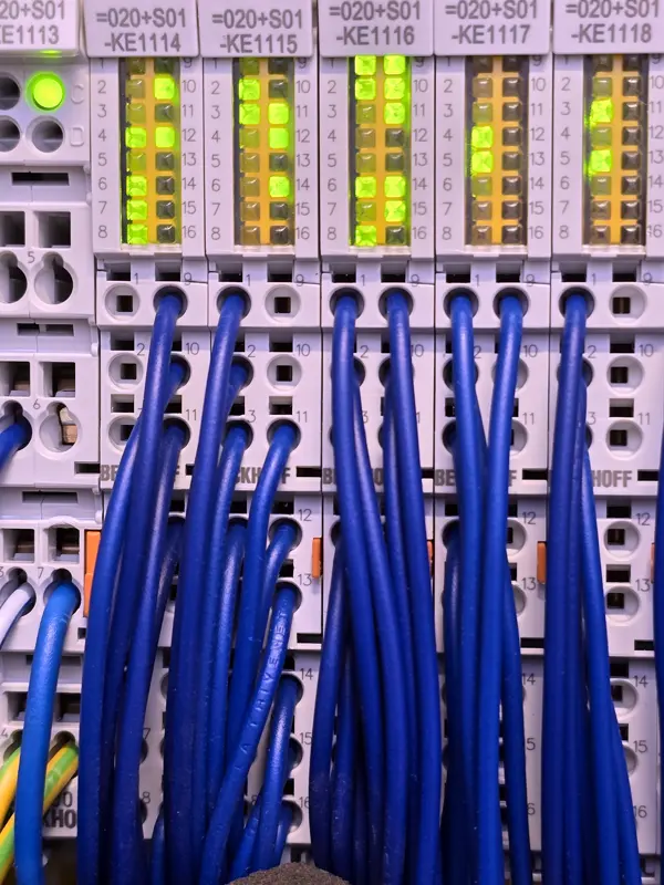PLC input and output modules wired in a control panel